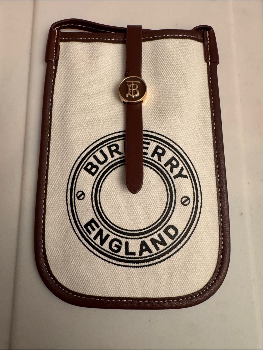 Burberry Anne  Cream Canvas Crossbody Brown Leather Trim Gold Logo xbody bag